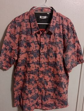 Univibe Coral color with Navy Hawaian Style Palm-Print Button Shirt